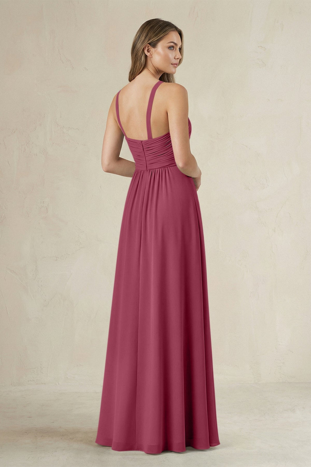 Cross Halter A - Line Pleated Bridesmaid Dress in Desert Rose - KissProm Bridesmaid Dresses