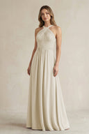 Cross Halter A - Line Pleated Bridesmaid Dress in Dove Gray - KissProm Bridesmaid Dresses