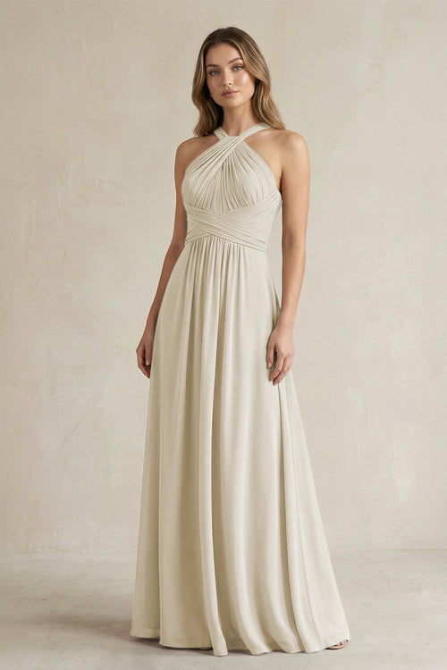 Cross Halter A - Line Pleated Bridesmaid Dress in Dove Gray - KissProm Bridesmaid Dresses