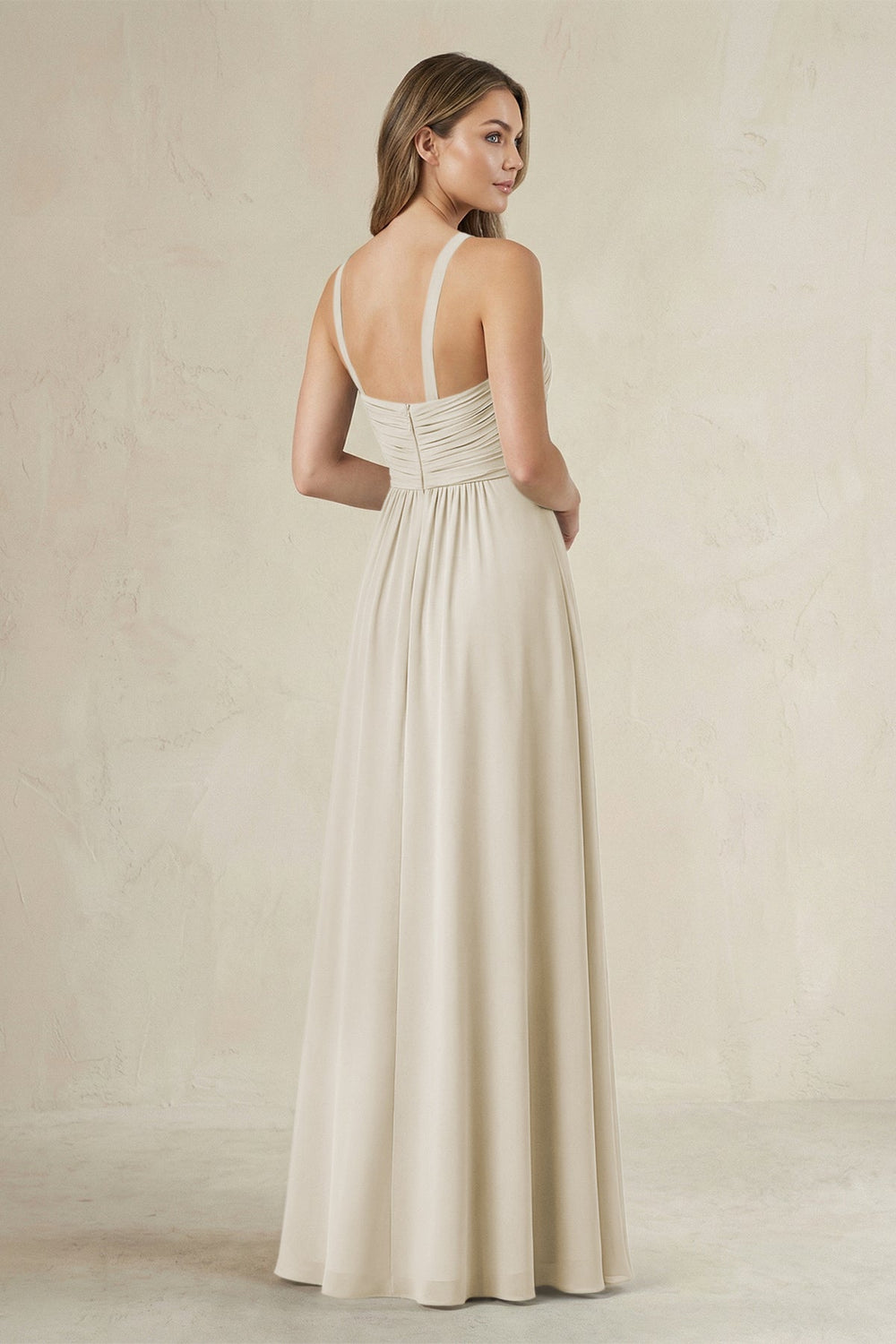 Cross Halter A - Line Pleated Bridesmaid Dress in Dove Gray - KissProm Bridesmaid Dresses