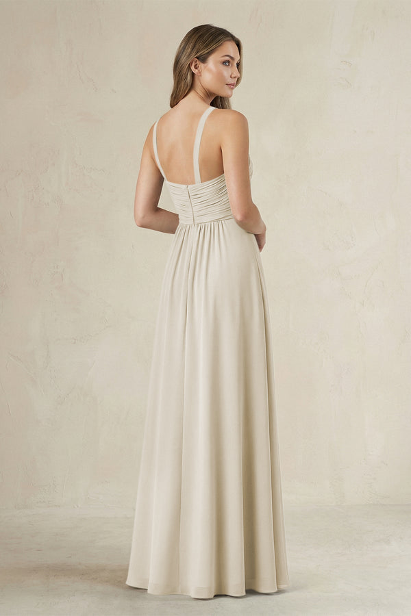 Cross Halter A - Line Pleated Bridesmaid Dress in Dove Gray - KissProm Bridesmaid Dresses