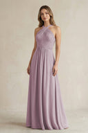 Cross Halter A - Line Pleated Bridesmaid Dress in Dusk - KissProm Bridesmaid Dresses