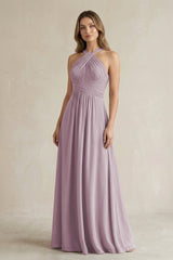 Cross Halter A - Line Pleated Bridesmaid Dress in Dusk - KissProm Bridesmaid Dresses