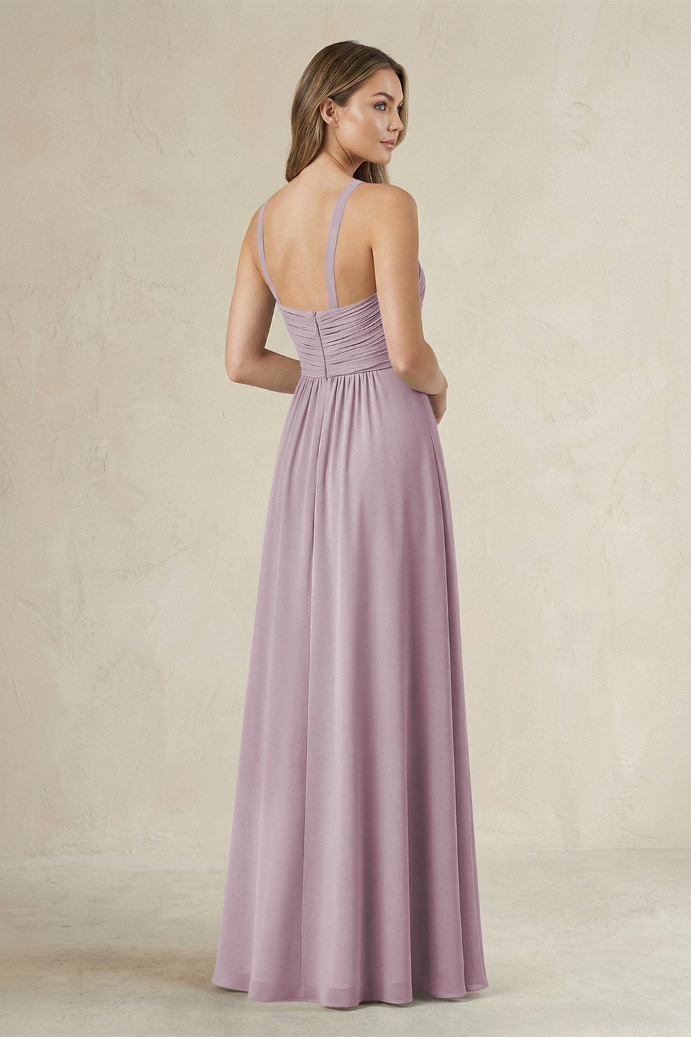 Cross Halter A - Line Pleated Bridesmaid Dress in Dusk - KissProm Bridesmaid Dresses