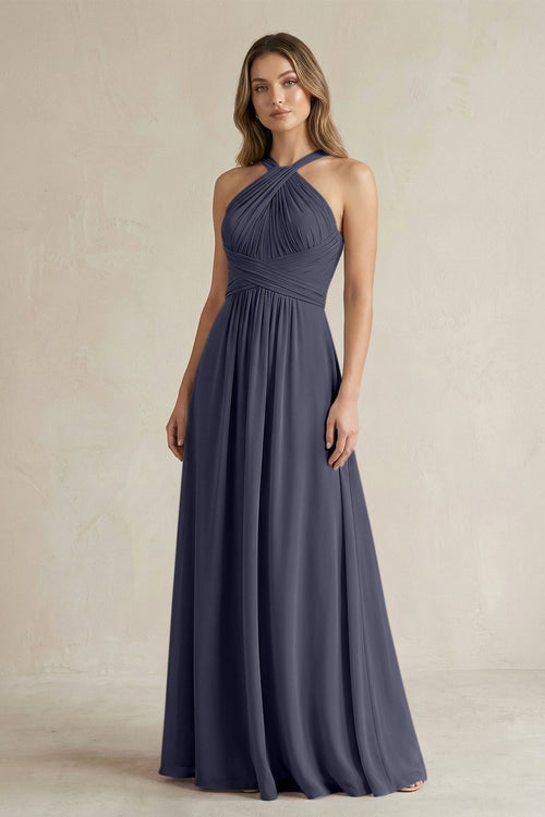 Cross Halter A - Line Pleated Bridesmaid Dress in Dusk Blue - KissProm Bridesmaid Dresses