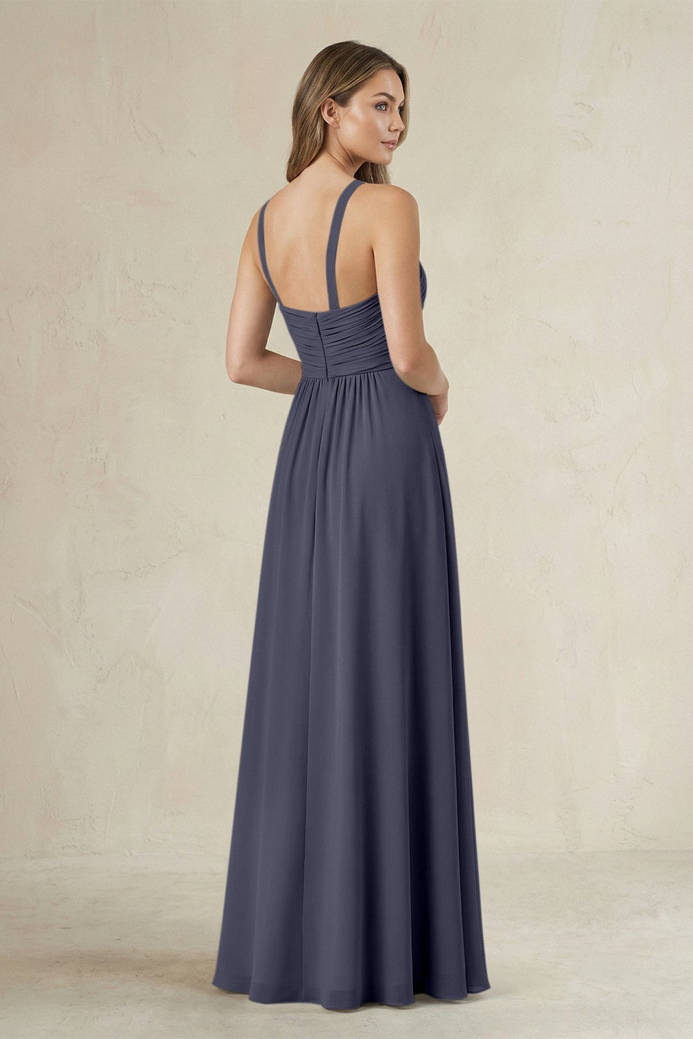 Cross Halter A - Line Pleated Bridesmaid Dress in Dusk Blue - KissProm Bridesmaid Dresses
