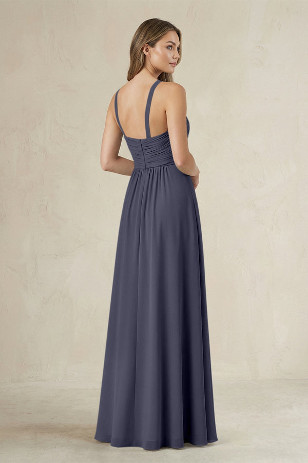 Cross Halter A - Line Pleated Bridesmaid Dress in Dusk Blue - KissProm Bridesmaid Dresses
