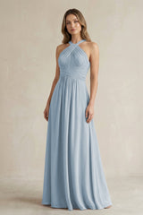 Cross Halter A - Line Pleated Bridesmaid Dress in Dusty Blue - KissProm Bridesmaid Dresses