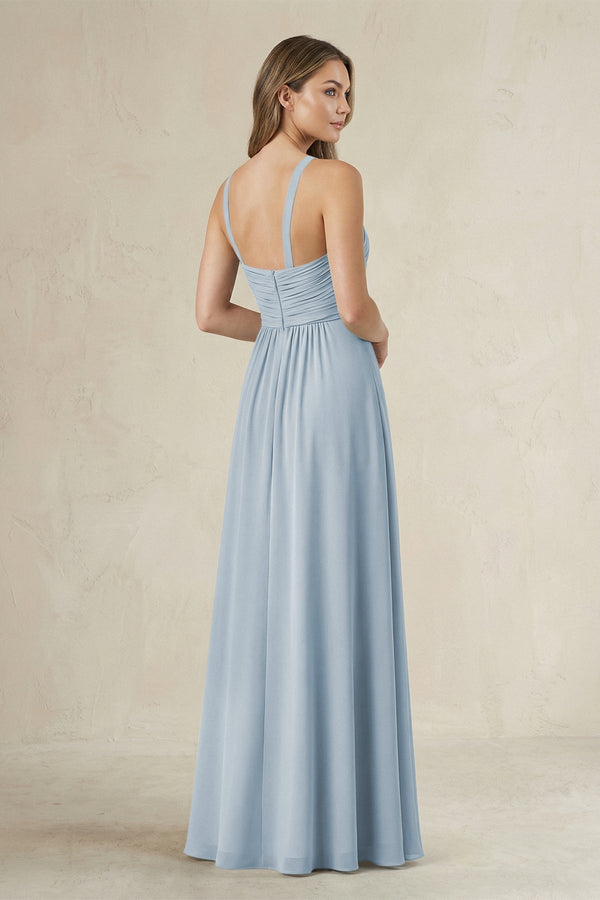 Cross Halter A - Line Pleated Bridesmaid Dress in Dusty Blue - KissProm Bridesmaid Dresses