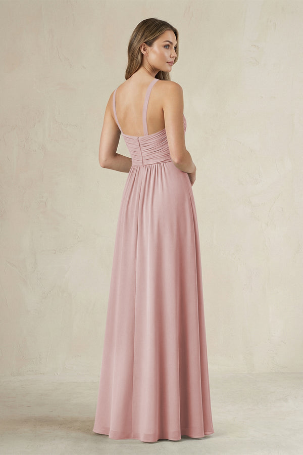Cross Halter A - Line Pleated Bridesmaid Dress in Dusty Rose - KissProm Bridesmaid Dresses