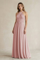 Cross Halter A - Line Pleated Bridesmaid Dress in Dusty Rose - KissProm Bridesmaid Dresses