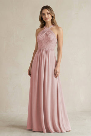 Cross Halter A - Line Pleated Bridesmaid Dress in Dusty Rose - KissProm Bridesmaid Dresses