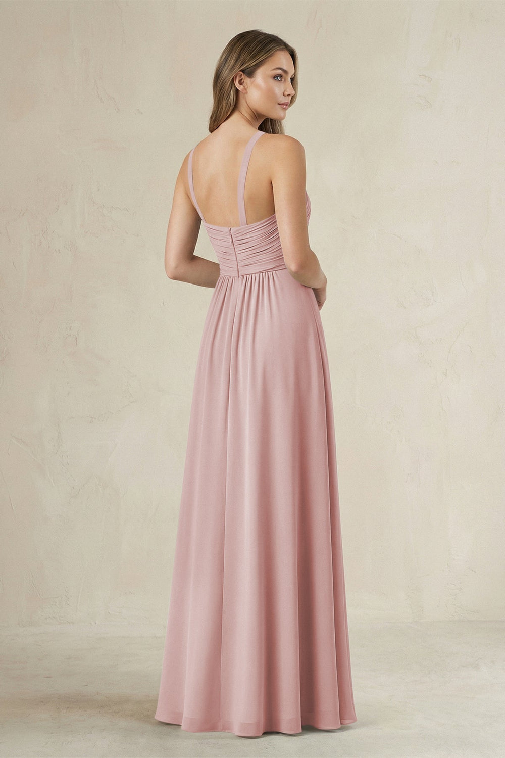 Cross Halter A - Line Pleated Bridesmaid Dress in Dusty Rose - KissProm Bridesmaid Dresses