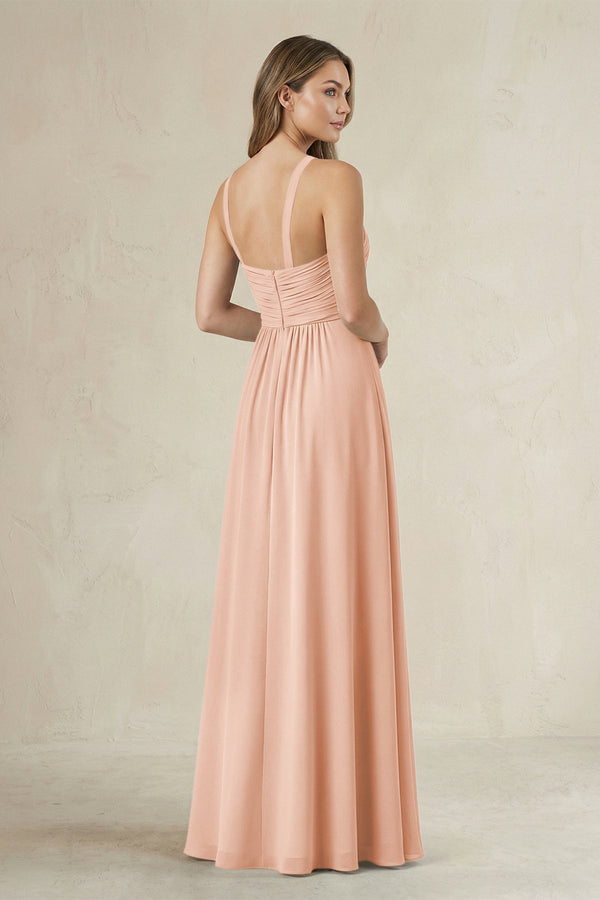 Cross Halter A - Line Pleated Bridesmaid Dress in English Rose - KissProm Bridesmaid Dresses