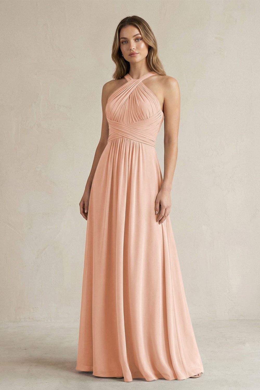 Cross Halter A - Line Pleated Bridesmaid Dress in English Rose - KissProm Bridesmaid Dresses