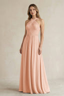Cross Halter A - Line Pleated Bridesmaid Dress in English Rose - KissProm Bridesmaid Dresses