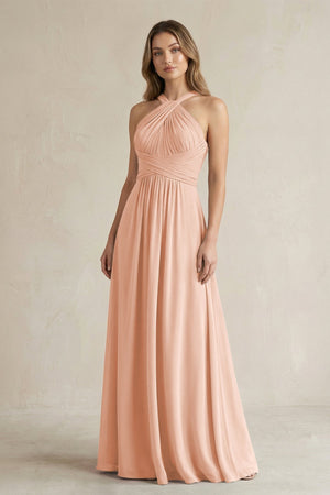 Cross Halter A - Line Pleated Bridesmaid Dress in English Rose - KissProm Bridesmaid Dresses
