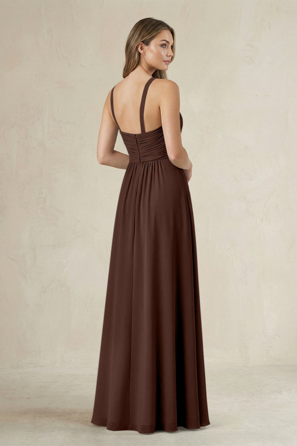 Cross Halter A - Line Pleated Bridesmaid Dress in Espresso - KissProm Bridesmaid Dresses