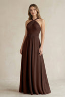Cross Halter A - Line Pleated Bridesmaid Dress in Espresso - KissProm Bridesmaid Dresses