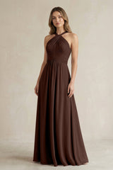 Cross Halter A - Line Pleated Bridesmaid Dress in Espresso - KissProm Bridesmaid Dresses
