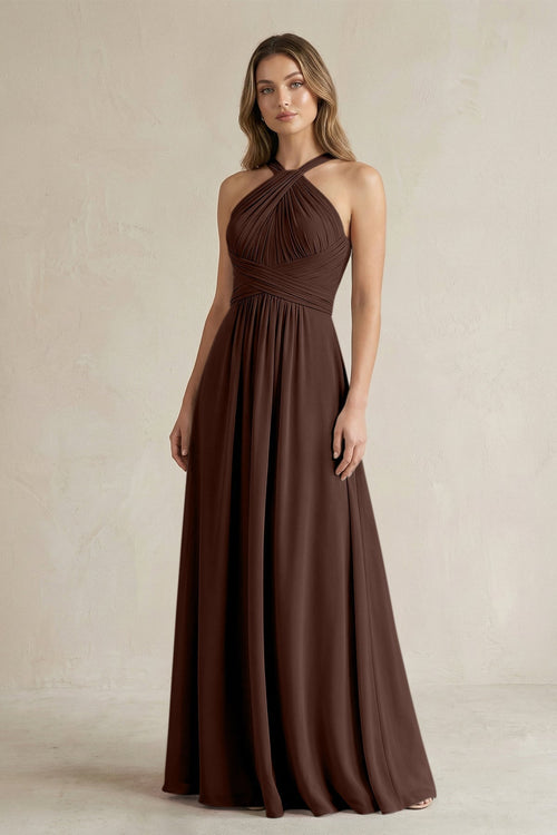 Cross Halter A - Line Pleated Bridesmaid Dress in Espresso - KissProm Bridesmaid Dresses