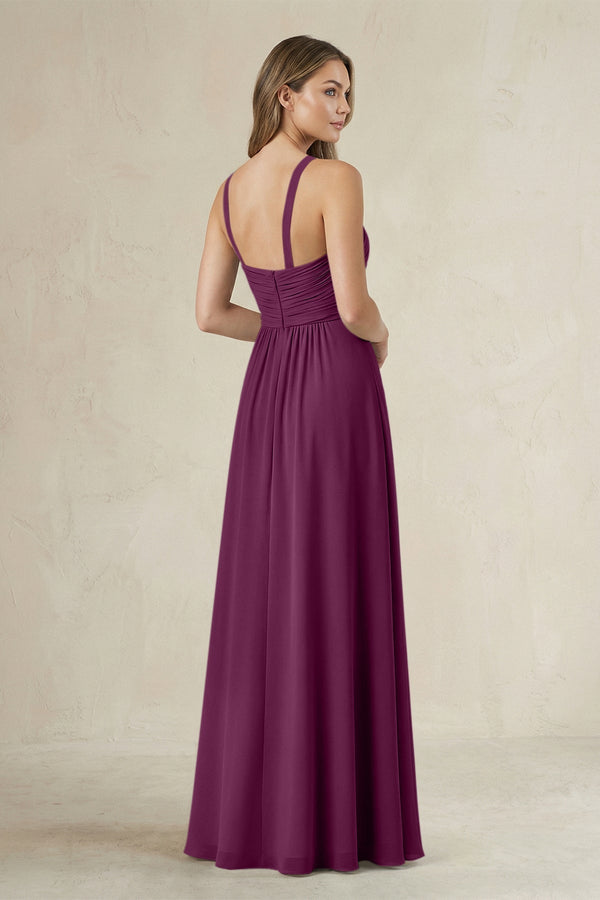 Cross Halter A - Line Pleated Bridesmaid Dress in Fig - KissProm Bridesmaid Dresses