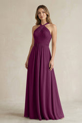 Cross Halter A - Line Pleated Bridesmaid Dress in Fig - KissProm Bridesmaid Dresses