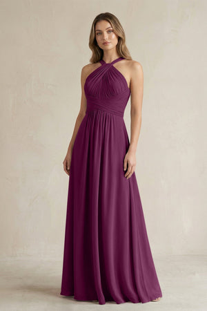 Cross Halter A - Line Pleated Bridesmaid Dress in Fig - KissProm Bridesmaid Dresses