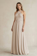 Cross Halter A - Line Pleated Bridesmaid Dress in Frost - KissProm Bridesmaid Dresses