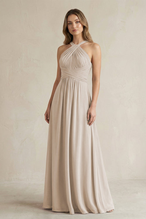 Cross Halter A - Line Pleated Bridesmaid Dress in Frost - KissProm Bridesmaid Dresses