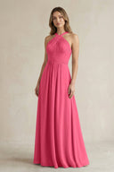 Cross Halter A - Line Pleated Bridesmaid Dress in Fuchsia - KissProm Bridesmaid Dresses