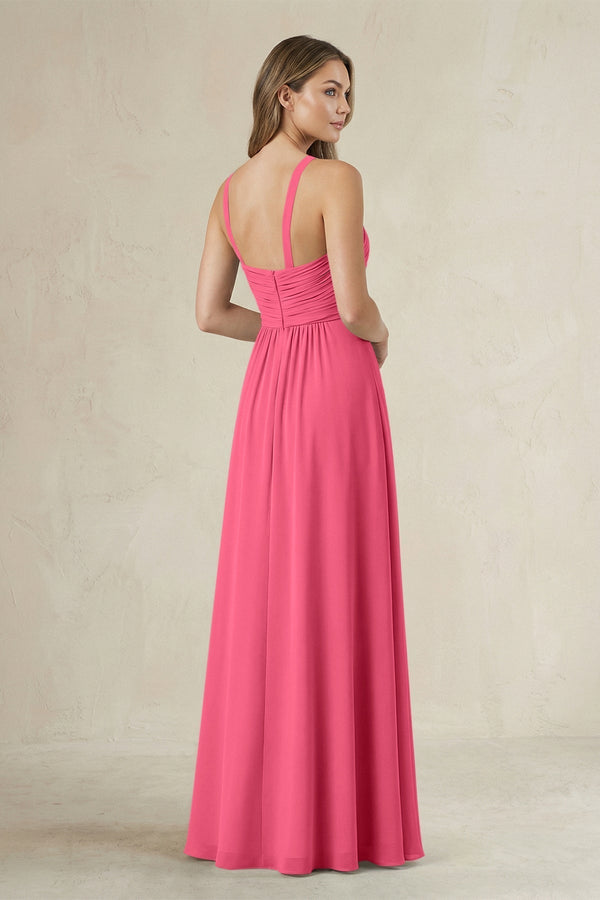 Cross Halter A - Line Pleated Bridesmaid Dress in Fuchsia - KissProm Bridesmaid Dresses