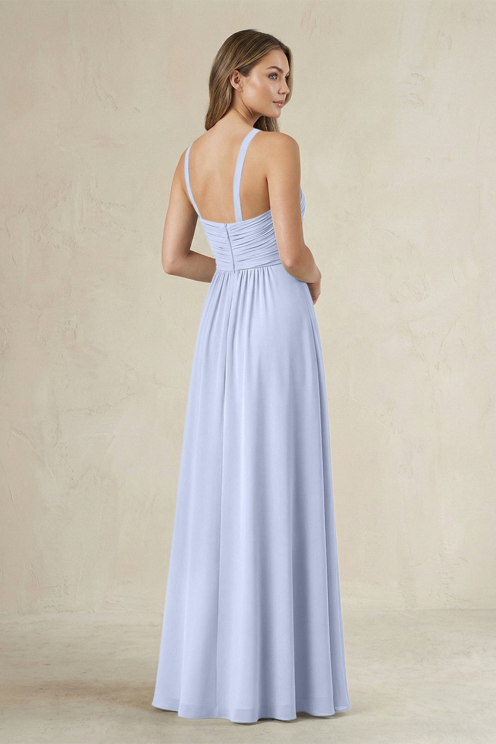 Cross Halter A - Line Pleated Bridesmaid Dress in Ice - KissProm Bridesmaid Dresses