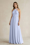 Cross Halter A - Line Pleated Bridesmaid Dress in Ice - KissProm Bridesmaid Dresses