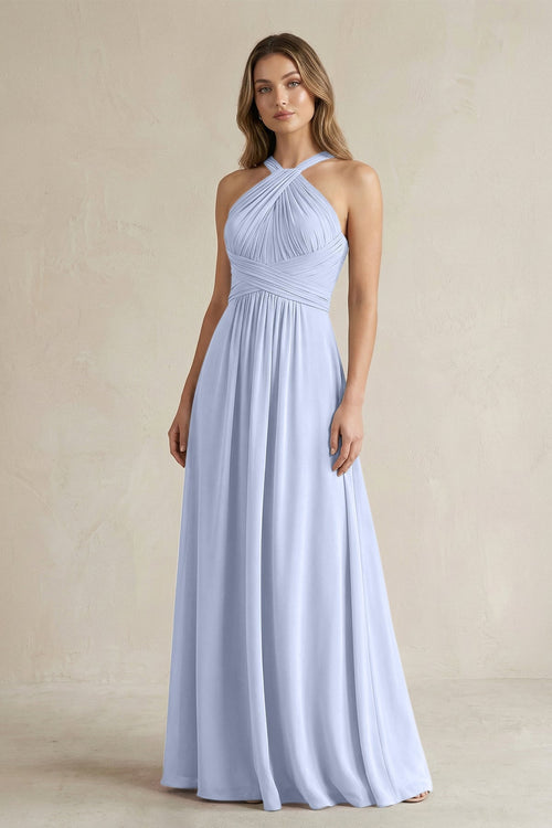Cross Halter A - Line Pleated Bridesmaid Dress in Ice - KissProm Bridesmaid Dresses
