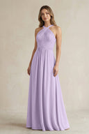 Cross Halter A - Line Pleated Bridesmaid Dress in Lavender - KissProm Bridesmaid Dresses