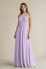 Cross Halter A - Line Pleated Bridesmaid Dress in Lavender - KissProm Bridesmaid Dresses