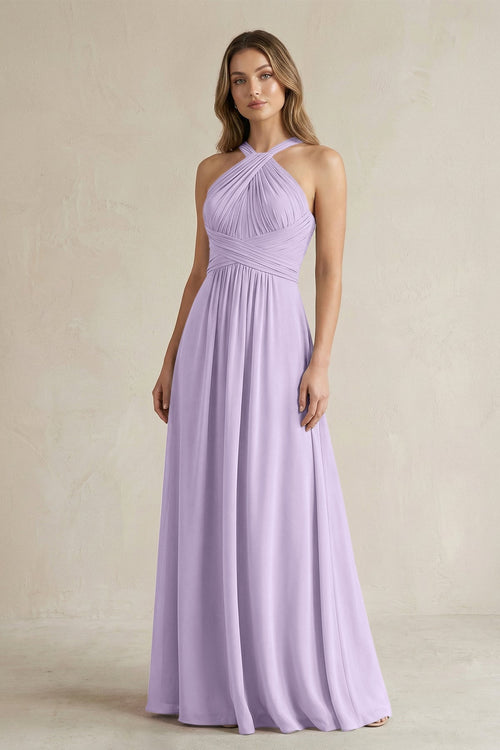 Cross Halter A - Line Pleated Bridesmaid Dress in Lavender - KissProm Bridesmaid Dresses