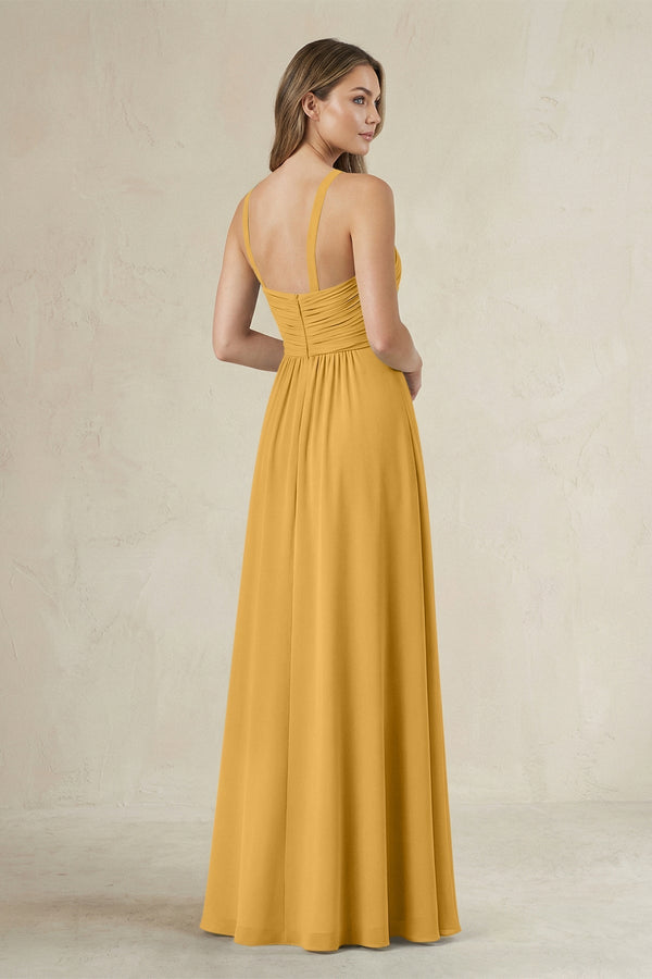 Cross Halter A - Line Pleated Bridesmaid Dress in Marigold - KissProm Bridesmaid Dresses