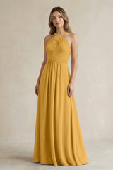 Cross Halter A - Line Pleated Bridesmaid Dress in Marigold - KissProm Bridesmaid Dresses