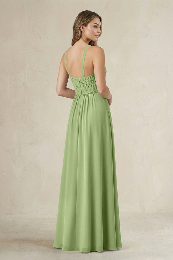 Cross Halter A - Line Pleated Bridesmaid Dress in Matcha - KissProm Bridesmaid Dresses