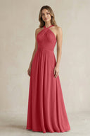 Cross Halter A - Line Pleated Bridesmaid Dress in Merlot - KissProm Bridesmaid Dresses