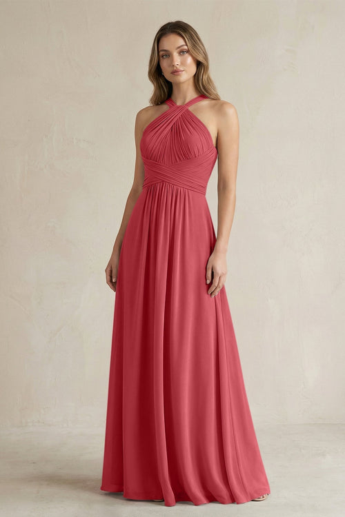 Cross Halter A - Line Pleated Bridesmaid Dress in Merlot - KissProm Bridesmaid Dresses