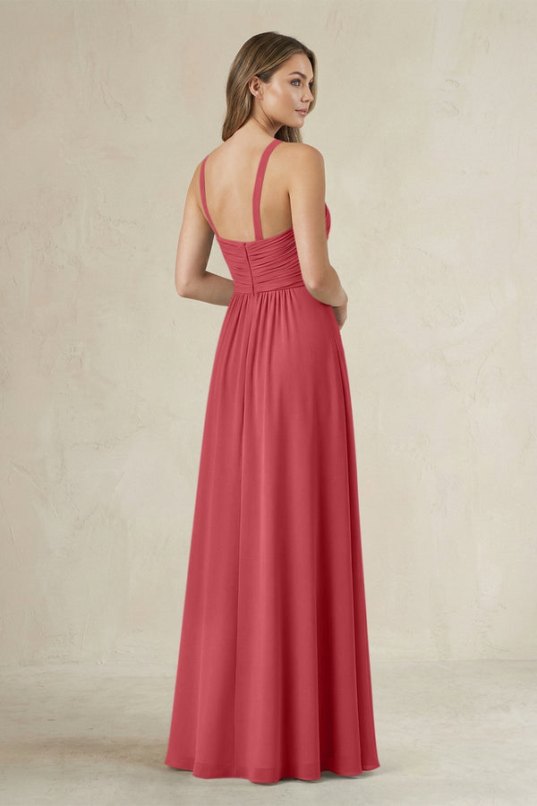 Cross Halter A - Line Pleated Bridesmaid Dress in Merlot - KissProm Bridesmaid Dresses