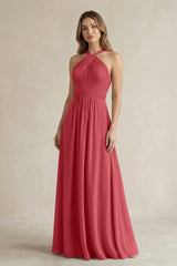 Cross Halter A - Line Pleated Bridesmaid Dress in Merlot - KissProm Bridesmaid Dresses