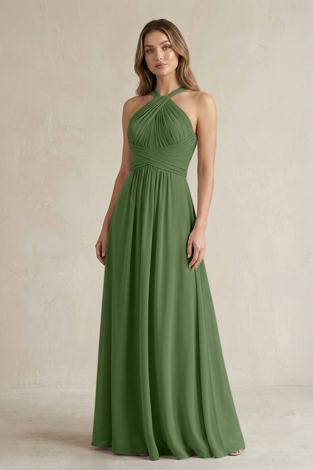 Cross Halter A - Line Pleated Bridesmaid Dress in Moss - KissProm Bridesmaid Dresses