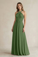 Cross Halter A - Line Pleated Bridesmaid Dress in Moss - KissProm Bridesmaid Dresses
