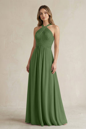 Cross Halter A - Line Pleated Bridesmaid Dress in Moss - KissProm Bridesmaid Dresses