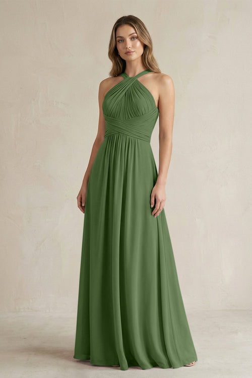 Cross Halter A - Line Pleated Bridesmaid Dress in Moss - KissProm Bridesmaid Dresses