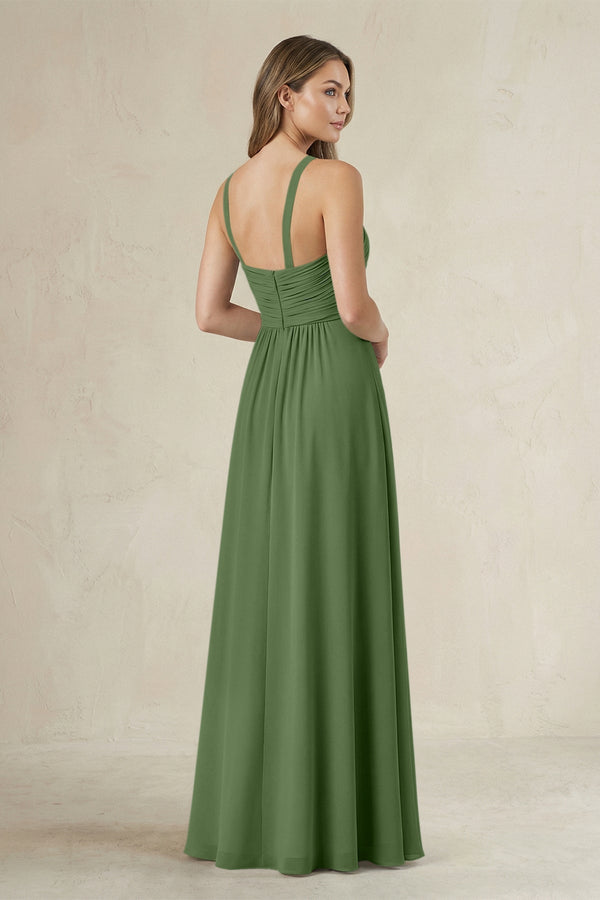 Cross Halter A - Line Pleated Bridesmaid Dress in Moss - KissProm Bridesmaid Dresses